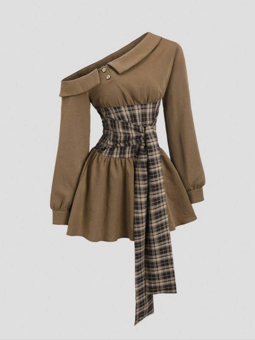 French Casual Vintage Brown Plaid Patchwork Sexy Asymmetrical Shoulder